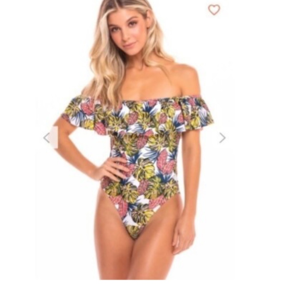 Cabana del Sol Tropical Monstera Leaf Off The Shoulder Ruffle Swimsuit Medium